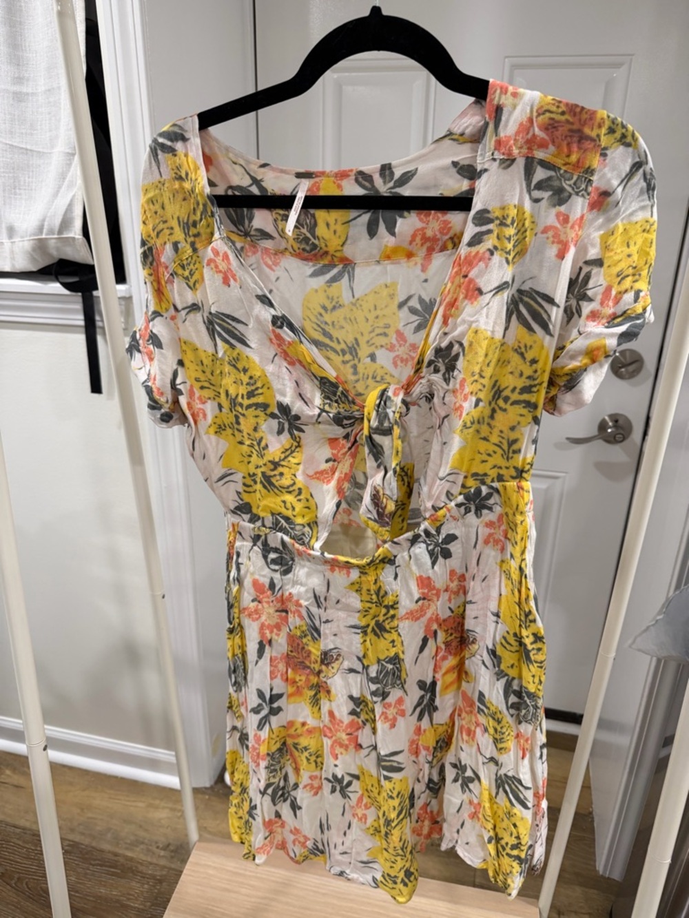 Free People Floral Tie-Front Mini Dress in Yellow, Coral & Gray